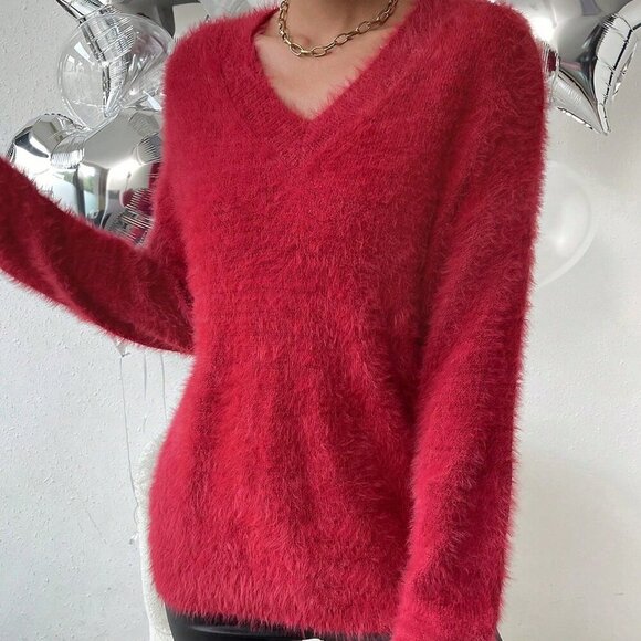 Red Casual Women's Mink V-Neck Versatile Minimalist Pullover Knit Sweater - Picture 4 of 8